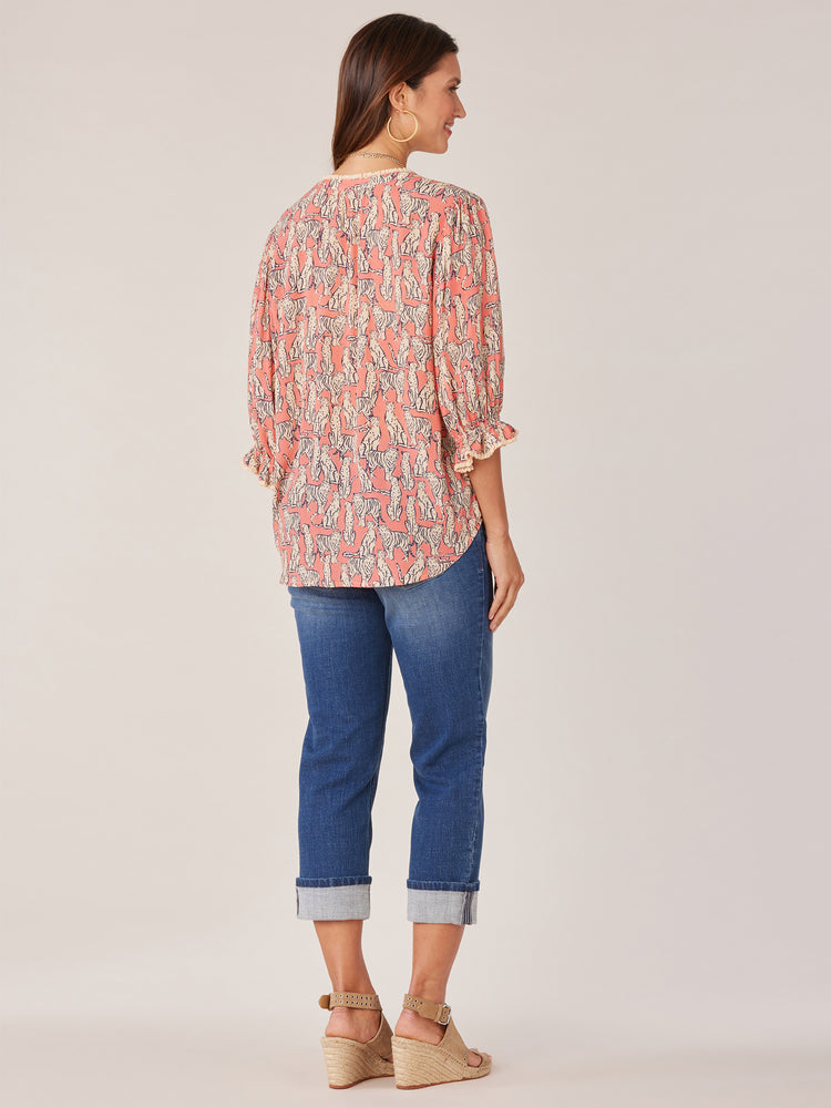 
            
                Load image into Gallery viewer, Papaya Punch Ecru Multi Elbow Lantern Sleeve Pintuck Front Floral Print Woven Top
            
        