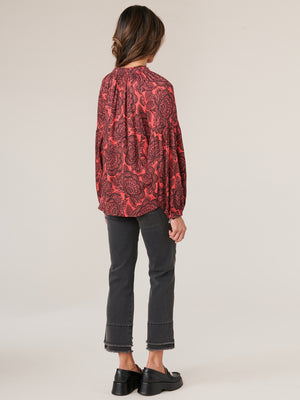 Scarlet Multi Long Smocked Blouson Drop Shoulder Sleeve Smocked Split V-Neck Floral Print Woven Top