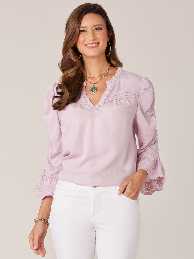 
            
                Load image into Gallery viewer, Icy Violet Three Quarter Ruched Ruffle Sleeve Pintuck V-Yoke Ruffle Edge V-Notch Neck Scalloped Eyelet Embroidery Tencel Woven Top
            
        