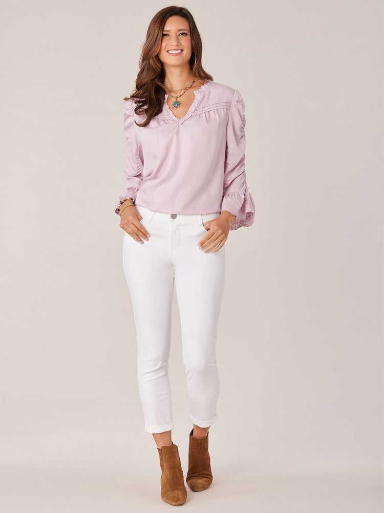 
            
                Load image into Gallery viewer, Icy Violet Three Quarter Ruched Ruffle Sleeve Pintuck V-Yoke Ruffle Edge V-Notch Neck Scalloped Eyelet Embroidery Tencel Woven Top
            
        