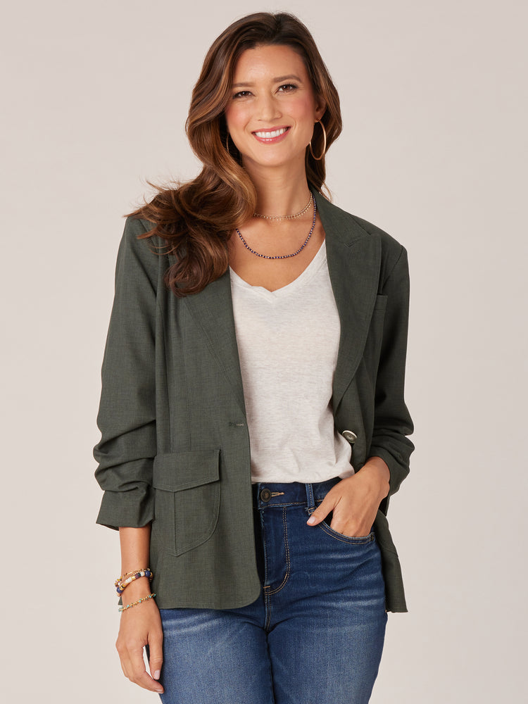 
            
                Load image into Gallery viewer, Midnight Olive Three Quarter Ruched Pintuck Sleeve Spade Flap Pocket Single Breasted Blazer Jacket
            
        