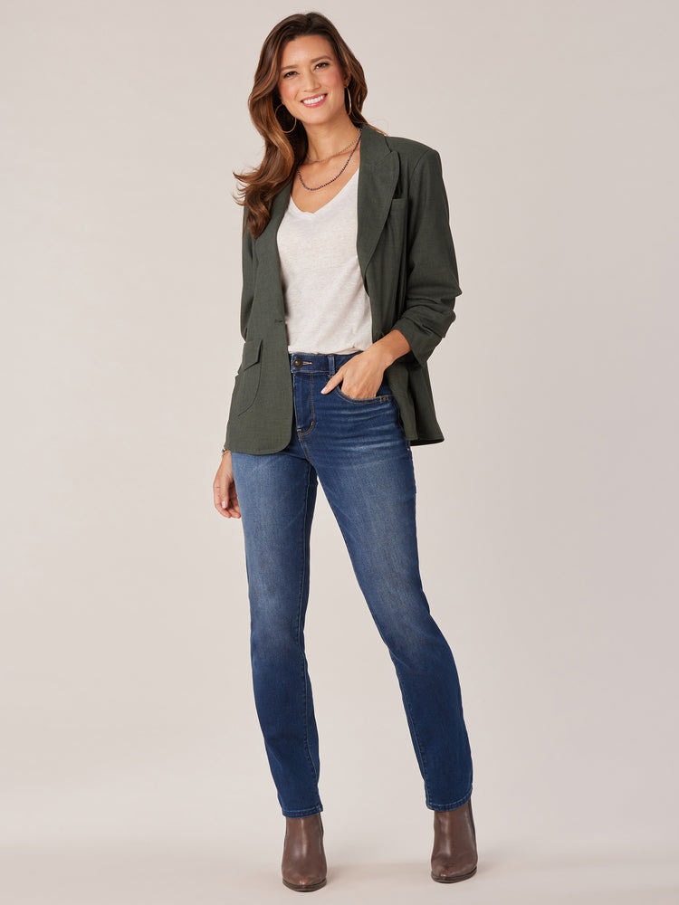 
            
                Load image into Gallery viewer, Midnight Olive Three Quarter Ruched Pintuck Sleeve Spade Flap Pocket Single Breasted Blazer Jacket
            
        