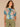 Bermuda Teal Multi Short Seamless Dolman Sleeve Scallop Embroidered Scoop Neck Shirttail Hem Abstract Leafy Placement Print Knit Top
