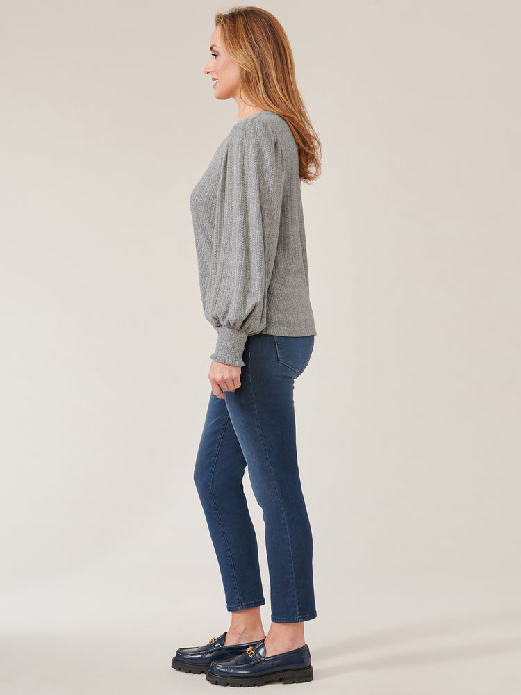 Long Blouson Sleeve V-Neck Twisted Hem Jacquard Knit Top