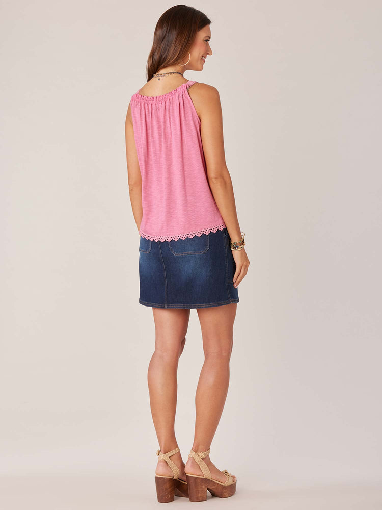 Geranium Sleeveless Wide Strap Embroidered Ruched Square Neck Scallop Hem Woven Tank Top