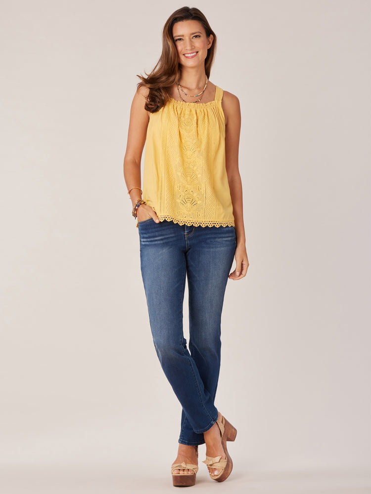 Golden Sleeveless Wide Strap Embroidered Ruched Square Neck Scallop Hem Woven Tank Top