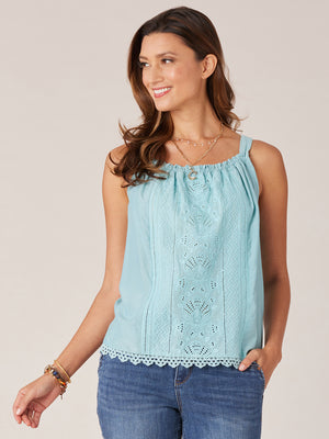 Island Sky Sleeveless Wide Strap Embroidered Ruched Square Neck Scallop Hem Woven Tank Top