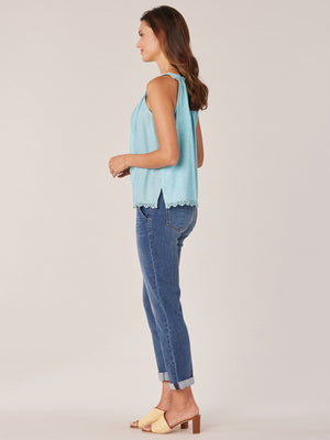 Island Sky Sleeveless Wide Strap Embroidered Ruched Square Neck Scallop Hem Woven Tank Top