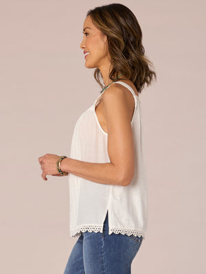 Off White Sleeveless Wide Strap Embroidered Ruched Square Neck Scallop Hem Woven Tank Top