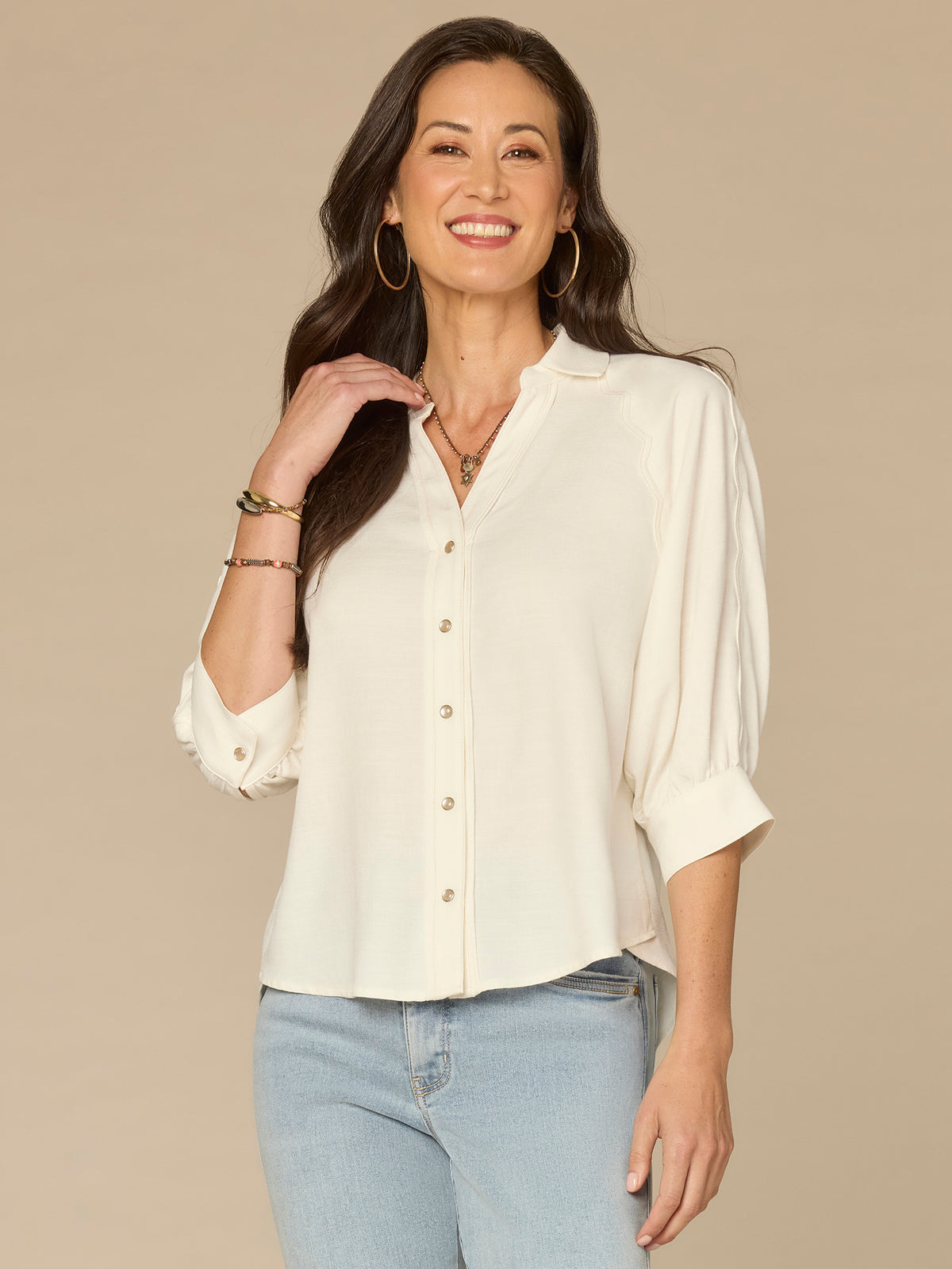 Below Elbow V Neck Snap Front Woven Shirt Scallop Edge Detail