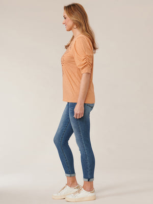 Dusty Peach Elbow Puff Sleeve Scoopneck Die Cut Embroidered Knit Top