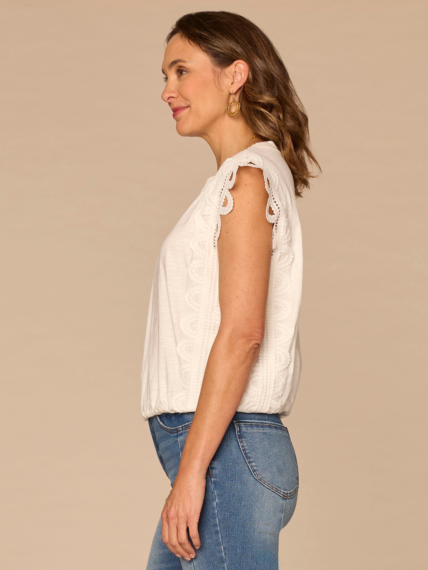 Extended Cap Extended Cap Sleeve Scoop Neck Scallop Trim Bubble Hem Petite Knit Top ...