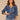 Indigo Below Elbow Cinched Lantern Sleeve V-Neck Peplum Hem Scallop Edge Woven Top