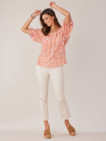 Nectarine Natural Elbow Blouson Embroidered Sleeve Double Ruffle Open Round Neck Floral Print Woven Top
