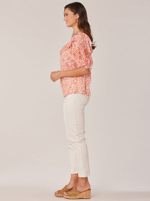 Nectarine Natural Elbow Blouson Embroidered Sleeve Double Ruffle Open Round Neck Floral Print Woven Top