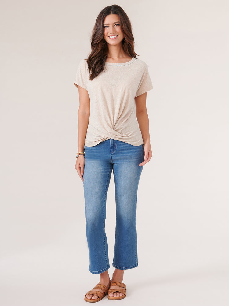 
            
                Load image into Gallery viewer, Heather Jute Extended Short Sleeve Scoopneck Twist Front Hem Knit Top
            
        