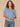 Mediterranean Blue Ecru Stripe Cinched Elbow Ruched Puff Sleeve Picot V-Neck Crochet Detail Round Surplus Hem Stripes Knit Top
