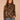 Brown Multi Stripe Long Blouson Sleeve Turtleneck Zip Back Abstract Plaid Print Smocking Ribbed Shirttail Hem Knit Top