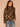 Brown Multi Stripe Long Blouson Sleeve Turtleneck Zip Back Abstract Plaid Print Smocking Ribbed Shirttail Hem Knit Top