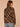 Brown Multi Stripe Long Blouson Sleeve Turtleneck Zip Back Abstract Plaid Print Smocking Ribbed Shirttail Hem Knit Top