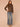 Brown Multi Stripe Long Blouson Sleeve Turtleneck Zip Back Abstract Plaid Print Smocking Ribbed Shirttail Hem Knit Top