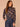 Navy Multi Stripe Long Blouson Sleeve Turtleneck Zip Back Abstract Plaid Print Smocking Ribbed Shirttail Hem Knit Top