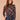 Navy Multi Stripe Long Blouson Sleeve Turtleneck Zip Back Abstract Plaid Print Smocking Ribbed Shirttail Hem Petite Knit Top