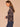 Navy Multi Stripe Long Blouson Sleeve Turtleneck Zip Back Abstract Plaid Print Smocking Ribbed Shirttail Hem Knit Top