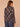 Navy Multi Stripe Long Blouson Sleeve Turtleneck Zip Back Abstract Plaid Print Smocking Ribbed Shirttail Hem Knit Top