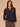 Heather Navy Long Blouson Sleeve Mandarin Collar Half Placket Embroidered Surplus Hi-Low Hem Mixed Media Petite Knit Top
