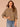 Laurel Oak Blue Shadow Seamless Three Quarter Dolman Sleeve Scoop Neck Abstract Leaf Embroidery Shirttail Hem Petite Knit Top