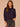 Heather Evening Blue Black Long Sleeve High Tie Collar Neck Piping Kangaroo Pocket Bubble Hem Mixed Media Knit Top
