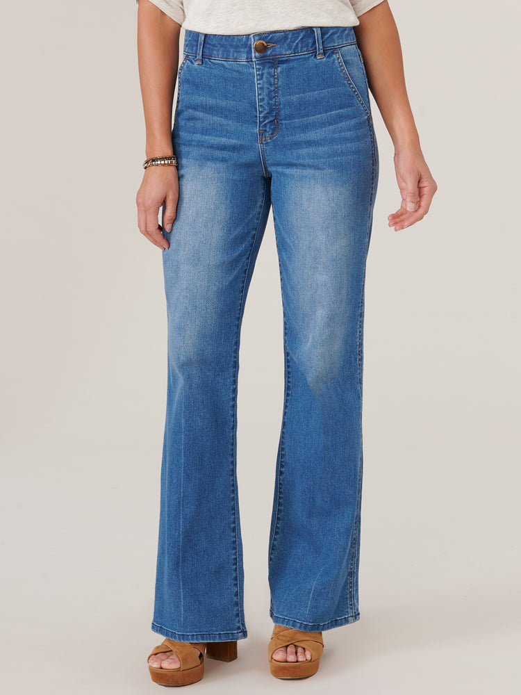 Petite Skyrise "Ab"solution Mid Blue Denim Double Side Seam Bootcut Jeans
