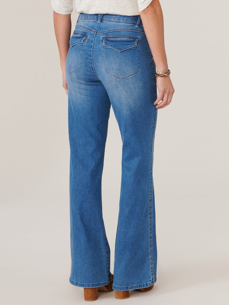 Petite Skyrise "Ab"solution Mid Blue Denim Double Side Seam Bootcut Jeans