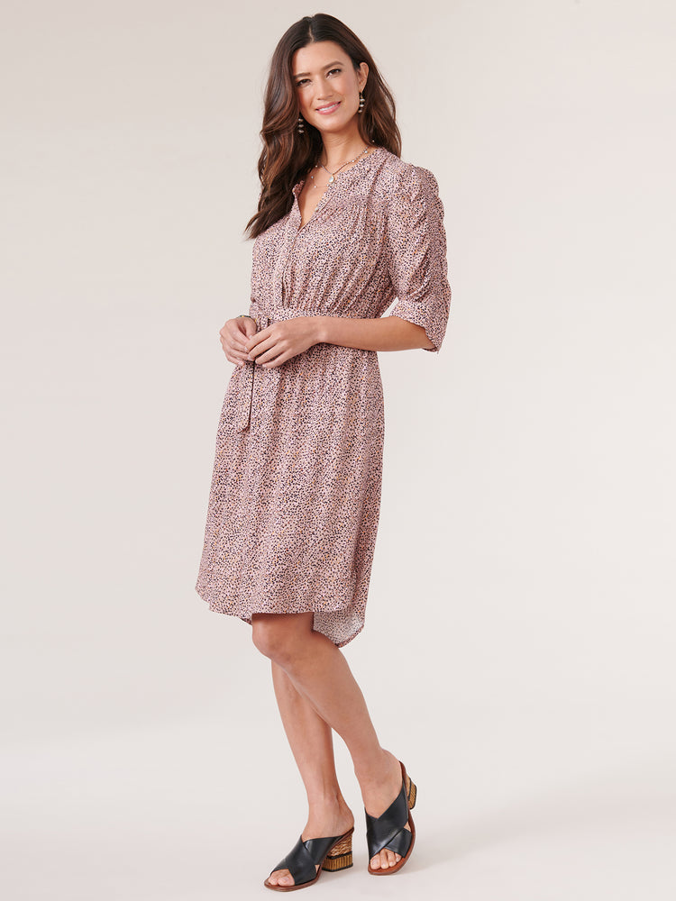 Peanut Butter Multi Speckled Ruched Sleeve Button Down Tie Waist Printed Petite Dress