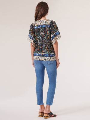 
            
                Load image into Gallery viewer, Black Soft Linen Multi Short Bell Sleeve Split Neck Printed Petite Woven Top
            
        