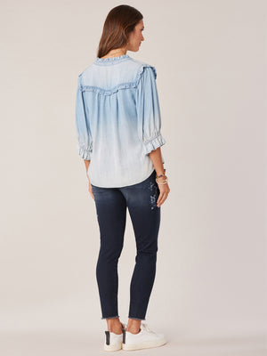Light Powder Blue Elbow Lantern Banded Ruffle Sleeve Button Down Stand Collar Plus Size Woven Top
