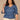 Indigo Below Elbow Cinched Lantern Sleeve V-Neck Peplum Hem Scallop Edge Plus Size Woven Top