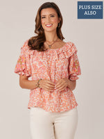 Nectarine Multi Elbow Blouson Embroidered Sleeve Double Ruffle Open Round Neck Floral Print Plus Size Woven Top