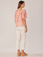 Nectarine Multi Elbow Blouson Embroidered Sleeve Double Ruffle Open Round Neck Floral Print Plus Size Woven Top