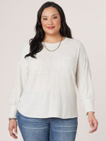 Heather Cream Long Banded Sleeve Scoop Neck Metallic Seaming Pocket Plus Size Knit Top