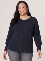 Heather Navy Long Banded Sleeve Scoop Neck Metallic Seaming Pocket Plus Size Knit Top