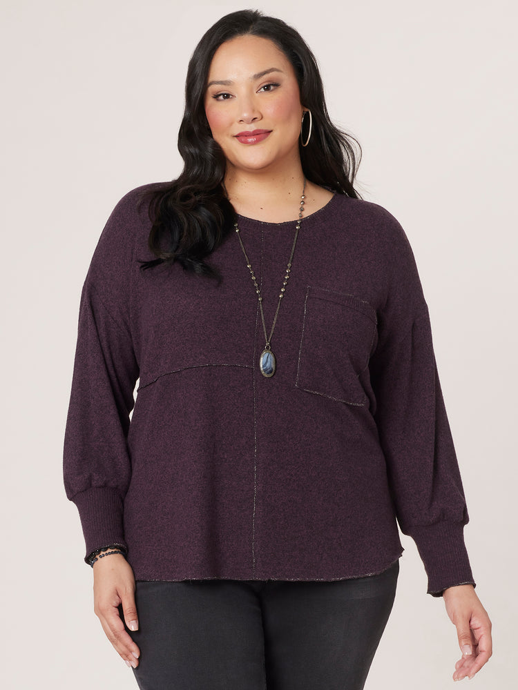 Heather Pickled Beet Long Banded Sleeve Scoop Neck Metallic Seaming Pocket Plus Size Knit Top