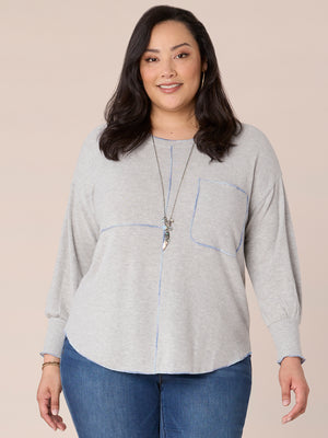 Heather Grey Long Drop Shoulder Banded Sleeve Front Pocket Scoop Neck Multi Color Seaming Accent Knit Plus Size Top