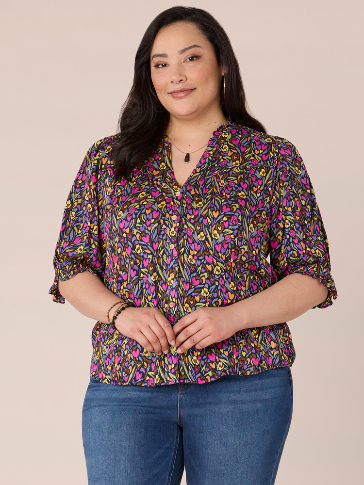 
            
                Load image into Gallery viewer, Below Elbow Sleeve Ruffle V-Neck Abstract Printed Plus Size Woven Top
            
        