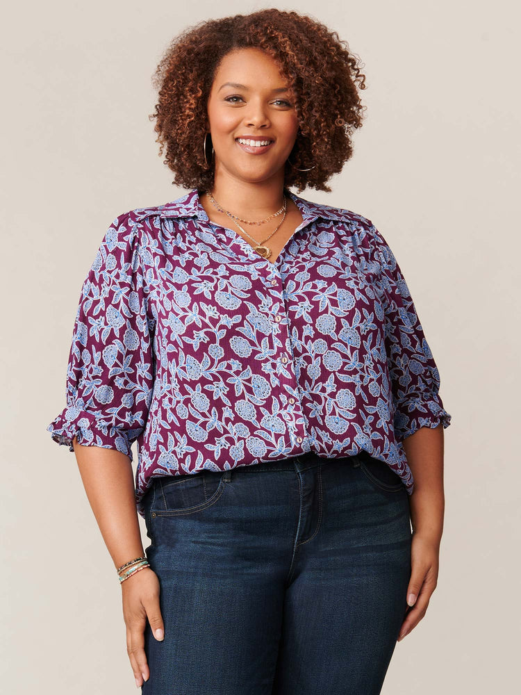 
            
                Load image into Gallery viewer, Blue Purple Multi Floral Printed Below Elbow Sleeve Button Down Woven Plus Size Top
            
        
