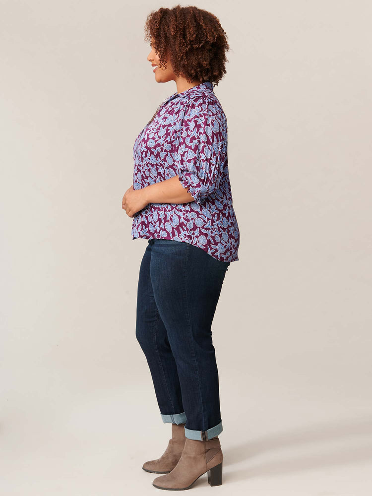Blue Purple Multi Floral Printed Below Elbow Sleeve Button Down Woven Plus Size Top