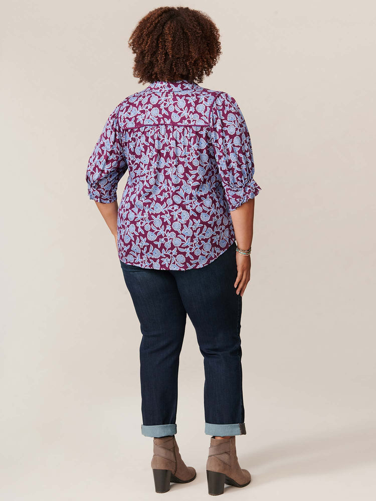 
            
                Load image into Gallery viewer, Blue Purple Multi Floral Printed Below Elbow Sleeve Button Down Woven Plus Size Top
            
        