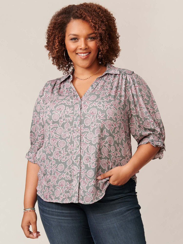Desert Cactus Multi Floral Printed Below Elbow Sleeve Button Down Woven Plus Size Top