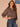 Coffee Bean Blue Multi Three Quarter Cinched Flounce Sleeve Scallop Edge Collar Pleats Button Down Front Round Shirttail Hem Floral Print Plus Size Woven Top